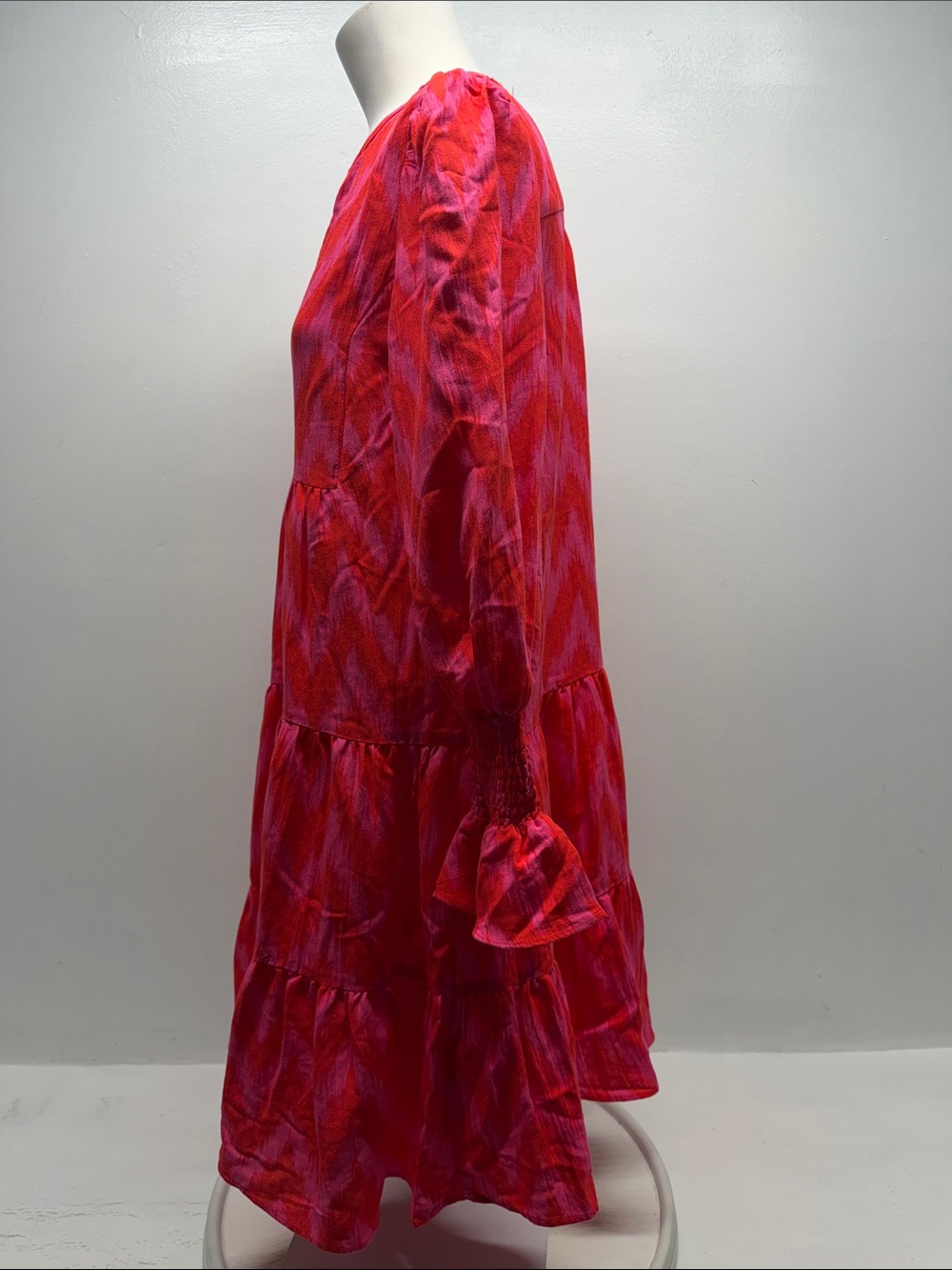 Pomander Place Kenzo Dress Mini Flare V Neck Tiered Ruffle Long Sleeve Pink XS - Picture 5 of 8